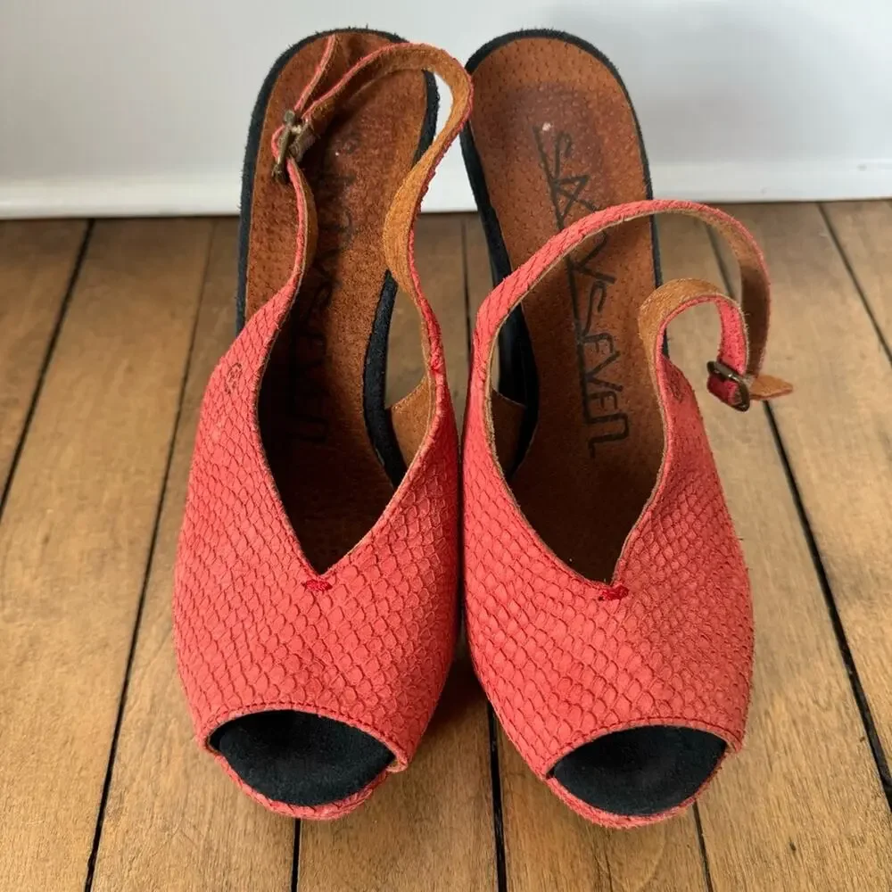 Sixtyseven Red Reptile Suede Peep Toe Platform Block Heels 37 / 6